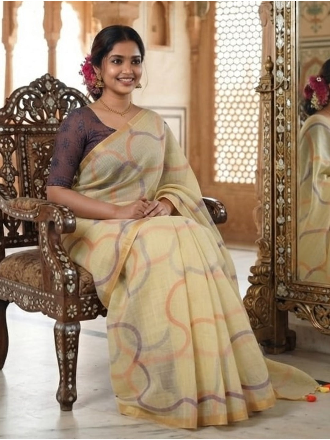 Peachmode Cream Printed Linen Saree - Image 3