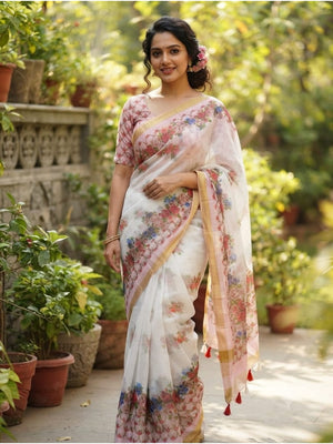 Peachmode White Printed Linen Saree - Image 2