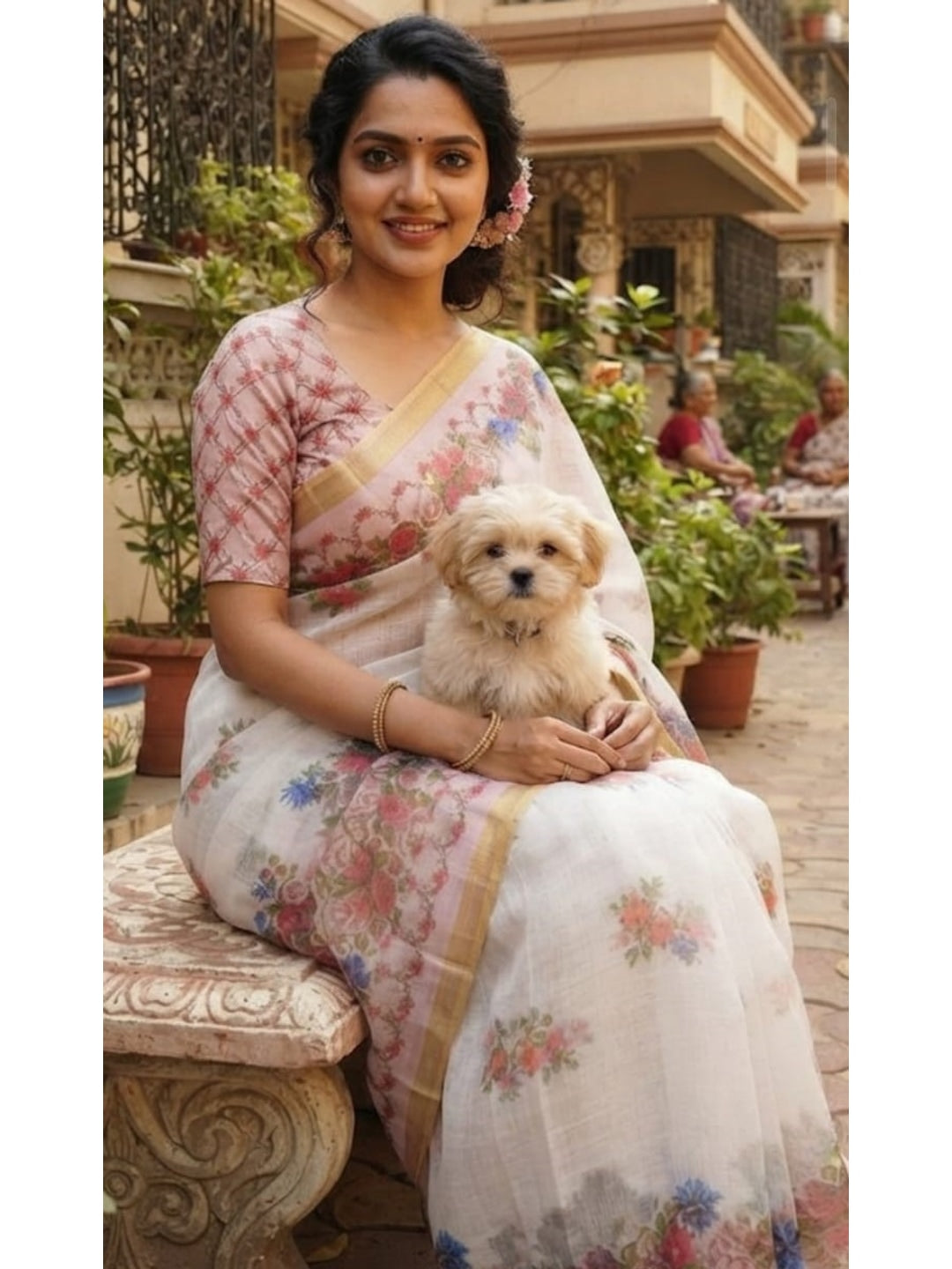 Peachmode White Printed Linen Saree - Image 3