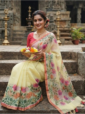 Peachmode Lemon Yellow Printed Linen Saree - Image 2