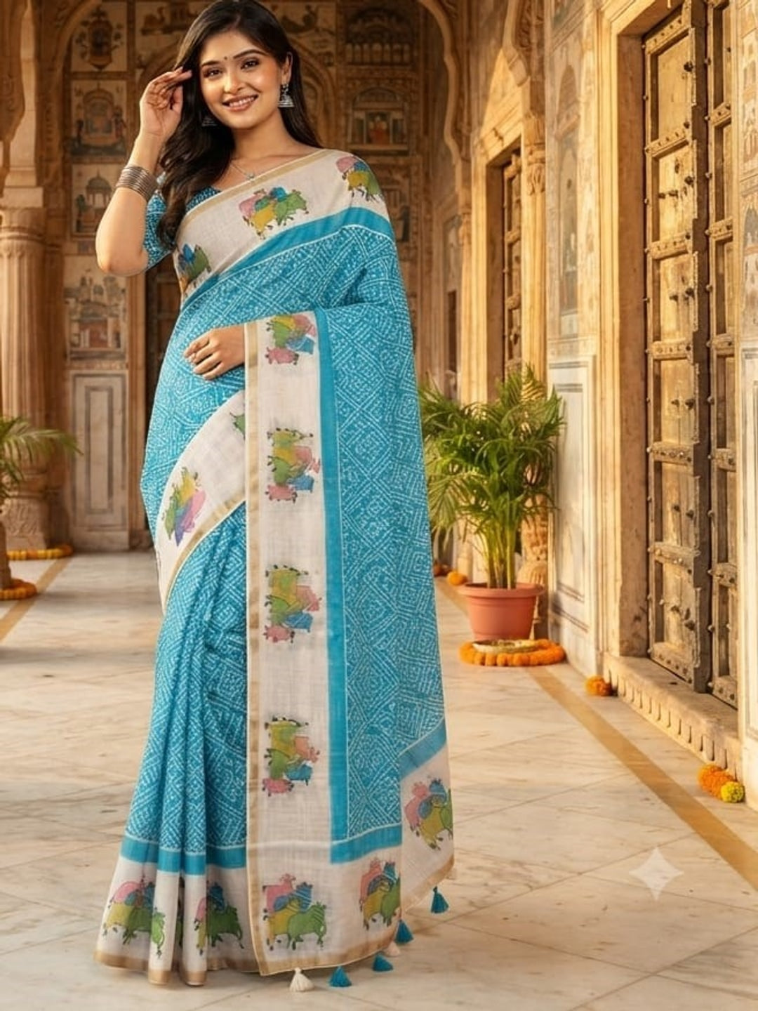 Peachmode Turquoise Printed Linen Saree - Image 1