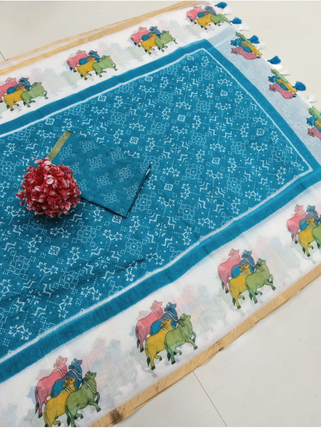 Peachmode Turquoise Printed Linen Saree - Image 5