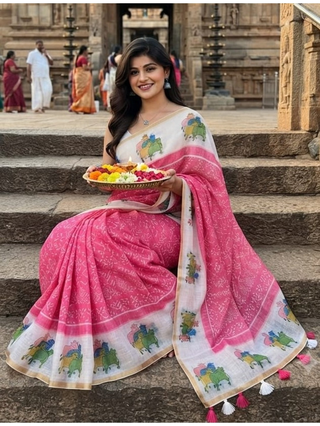 Peachmode Pink Printed Linen Saree - Image 2