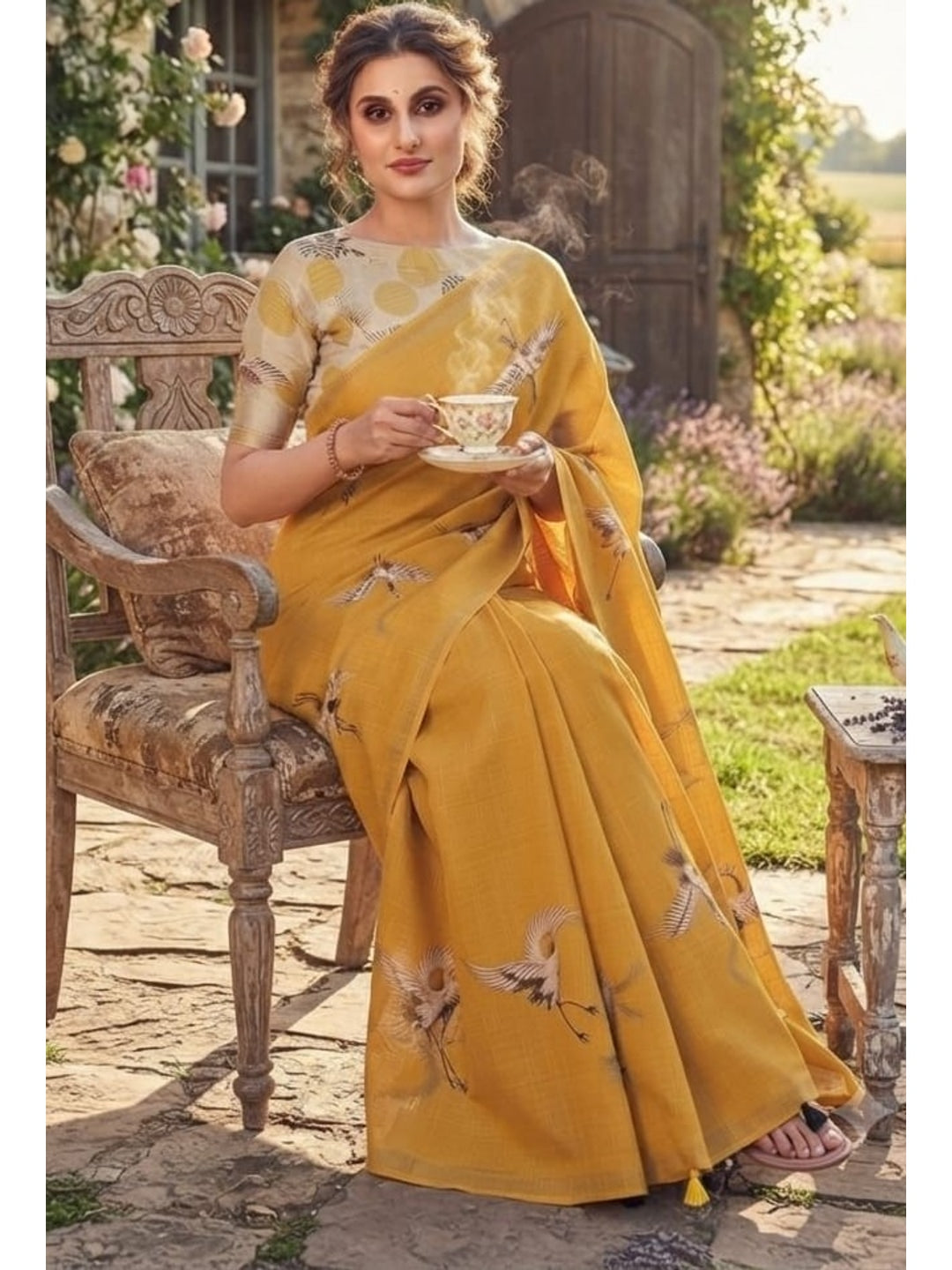 Peachmode Mustard Printed Linen Saree - Image 2
