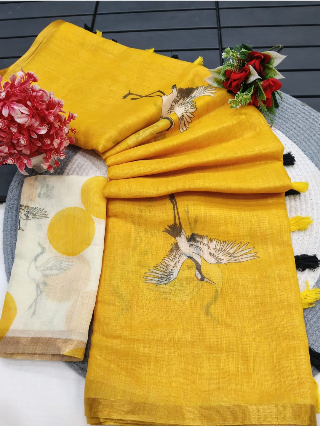 Peachmode Mustard Printed Linen Saree - Image 5