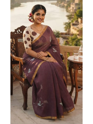 Peachmode Wine Printed Linen Saree - Image 2