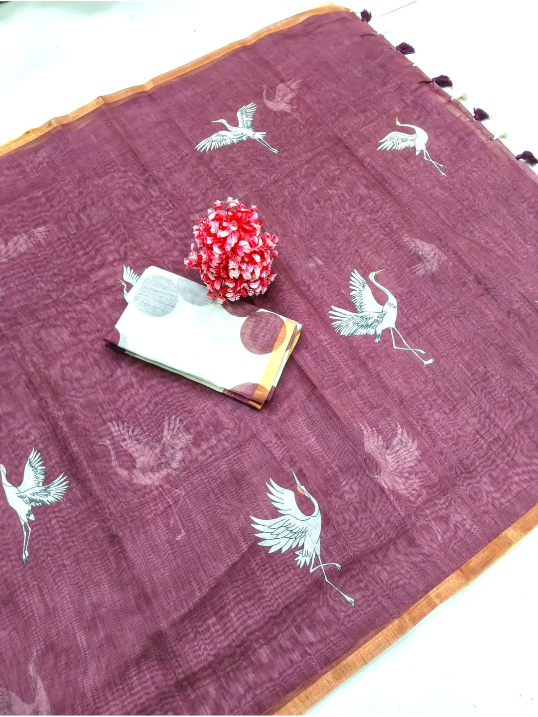 Peachmode Wine Printed Linen Saree - Image 5