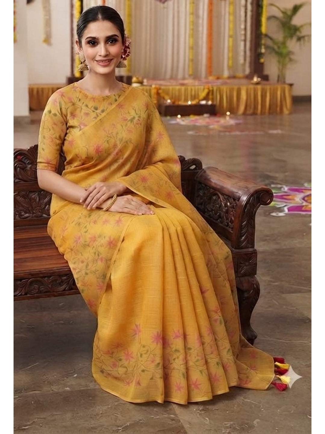 Peachmode Mustard Printed Linen Saree - Image 2