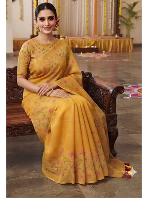 Peachmode Mustard Printed Linen Saree - Image 2