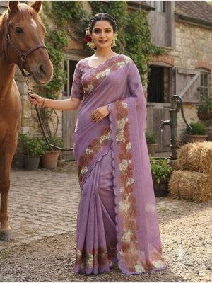 Peachmode Lilac Printed Linen Saree With Cutwork Border - Image 1
