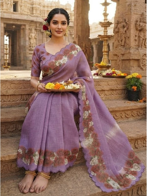 Peachmode Lilac Printed Linen Saree With Cutwork Border - Image 2