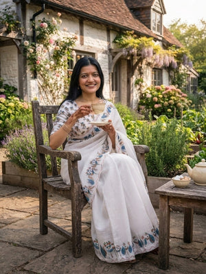 Peachmode White Printed Linen Saree With Cutwork Border - Image 2