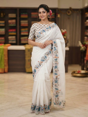 Peachmode White Printed Linen Saree With Cutwork Border - Image 1