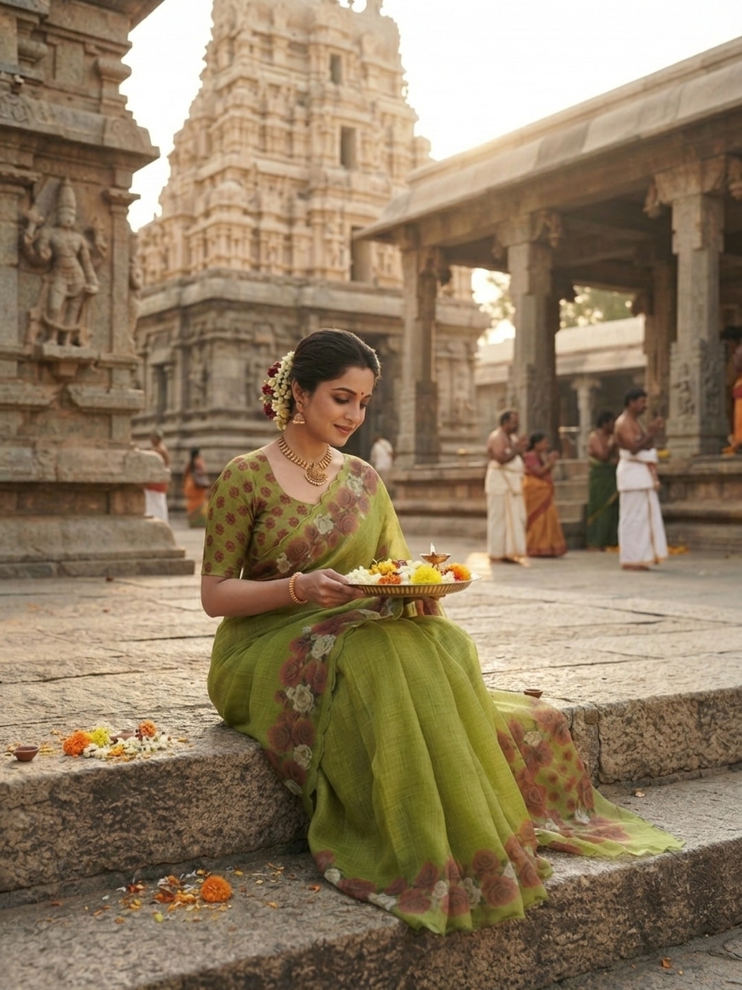 Peachmode Olive Green Printed Linen Saree With Cutwork Border - Image 2