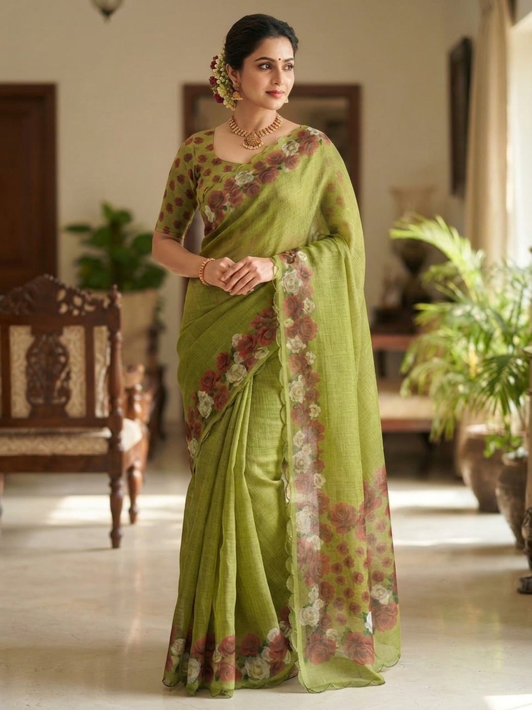 Peachmode Olive Green Printed Linen Saree With Cutwork Border - Image 1