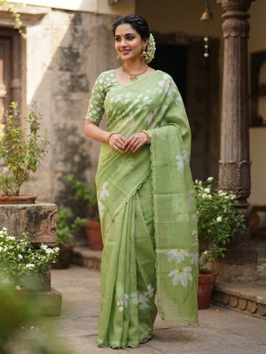 Peachmode Green Printed Linen Saree With Cutwork Border - Image 1