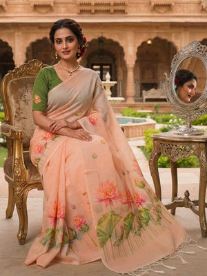 Peachmode Peach Printed Linen Saree - Image 1