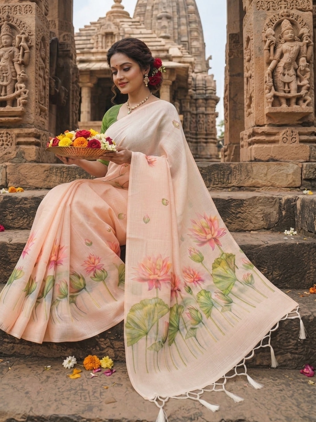 Peachmode Peach Printed Linen Saree - Image 2
