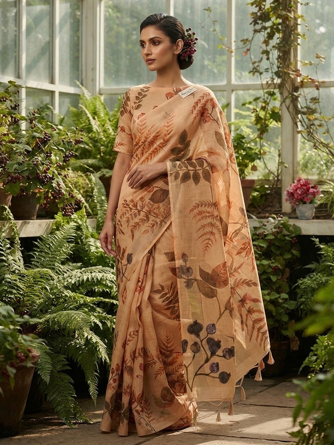 Peachmode Peach Printed Linen Saree - Image 1