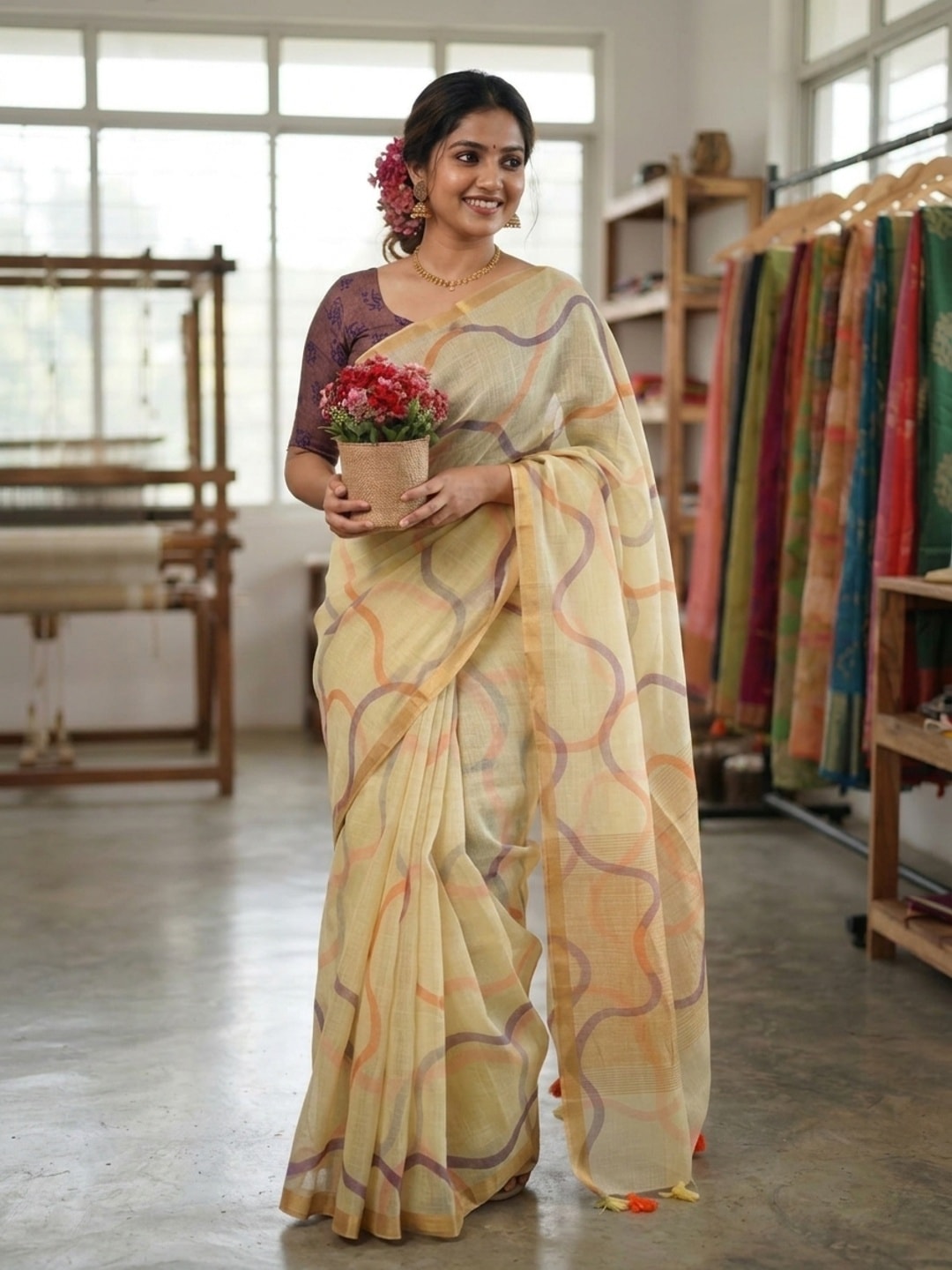 Peachmode Cream Printed Linen Saree - Image 2