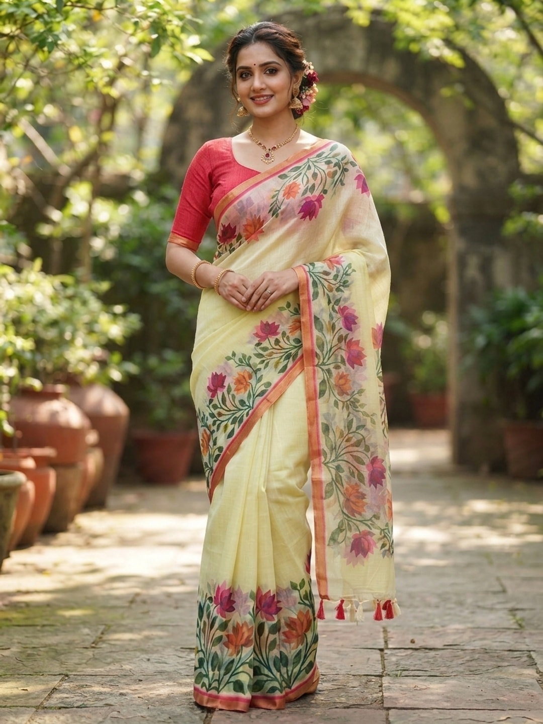 Peachmode Lemon Yellow Printed Linen Saree - Image 3