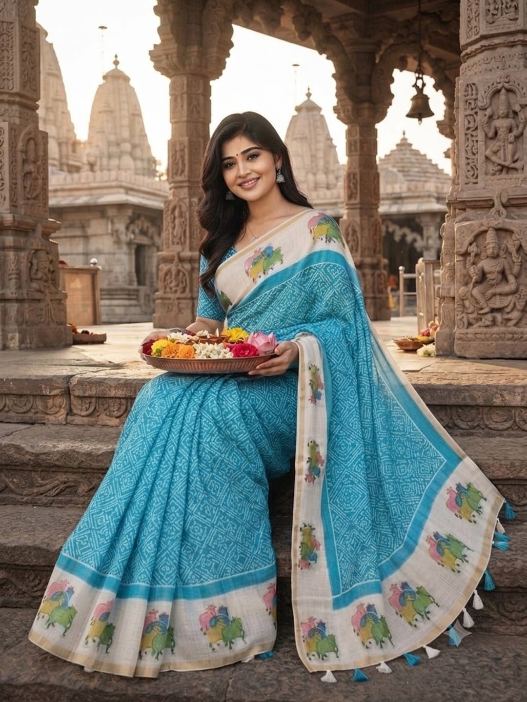 Peachmode Turquoise Printed Linen Saree - Image 2