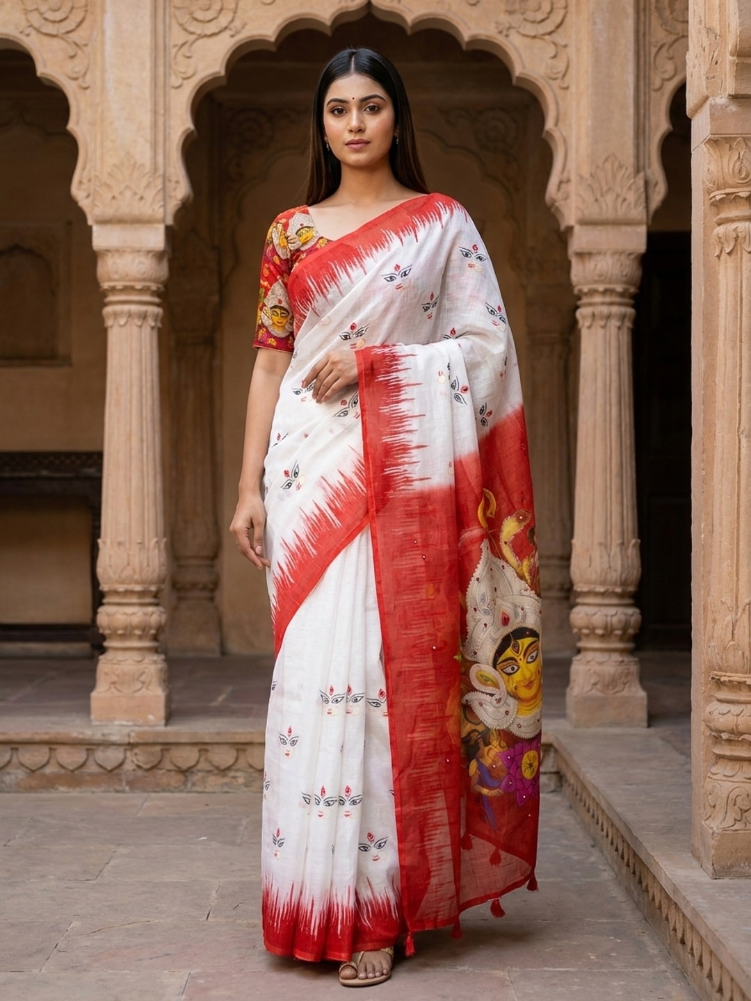 Peachmode White Durga Printed Linen Saree With Mirror Work - Image 1