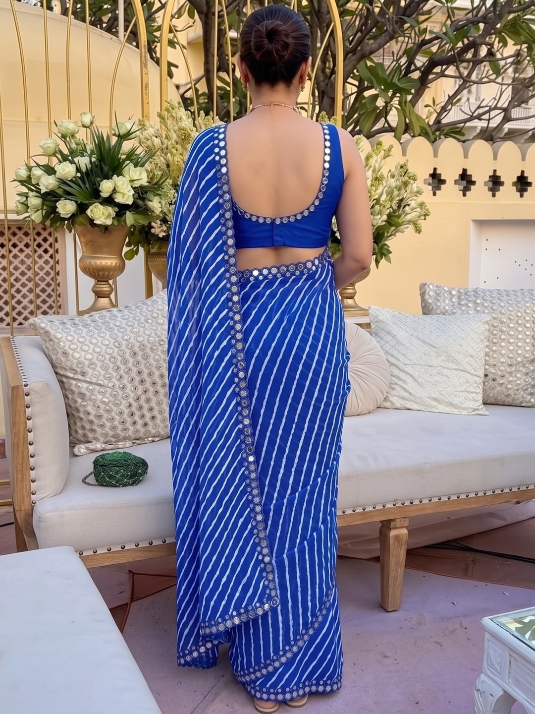 Peachmode Royal Blue Lehariya Printed Georgette Saree With Mirror Border - Image 5