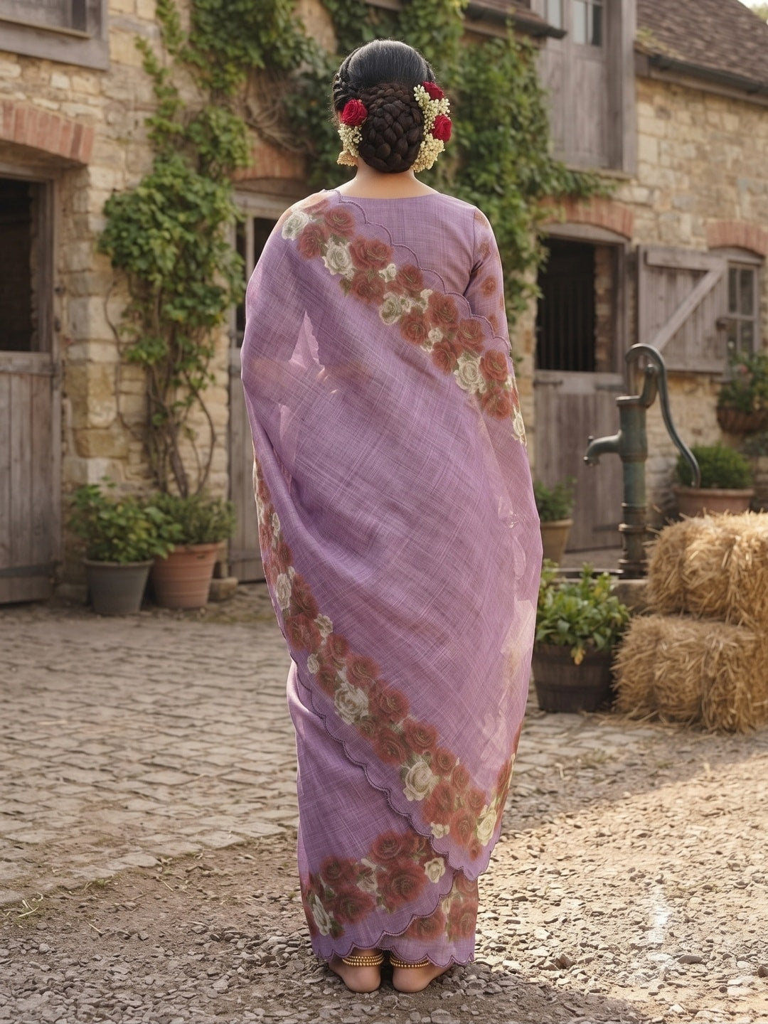 Peachmode Lilac Printed Linen Saree With Cutwork Border - Image 4