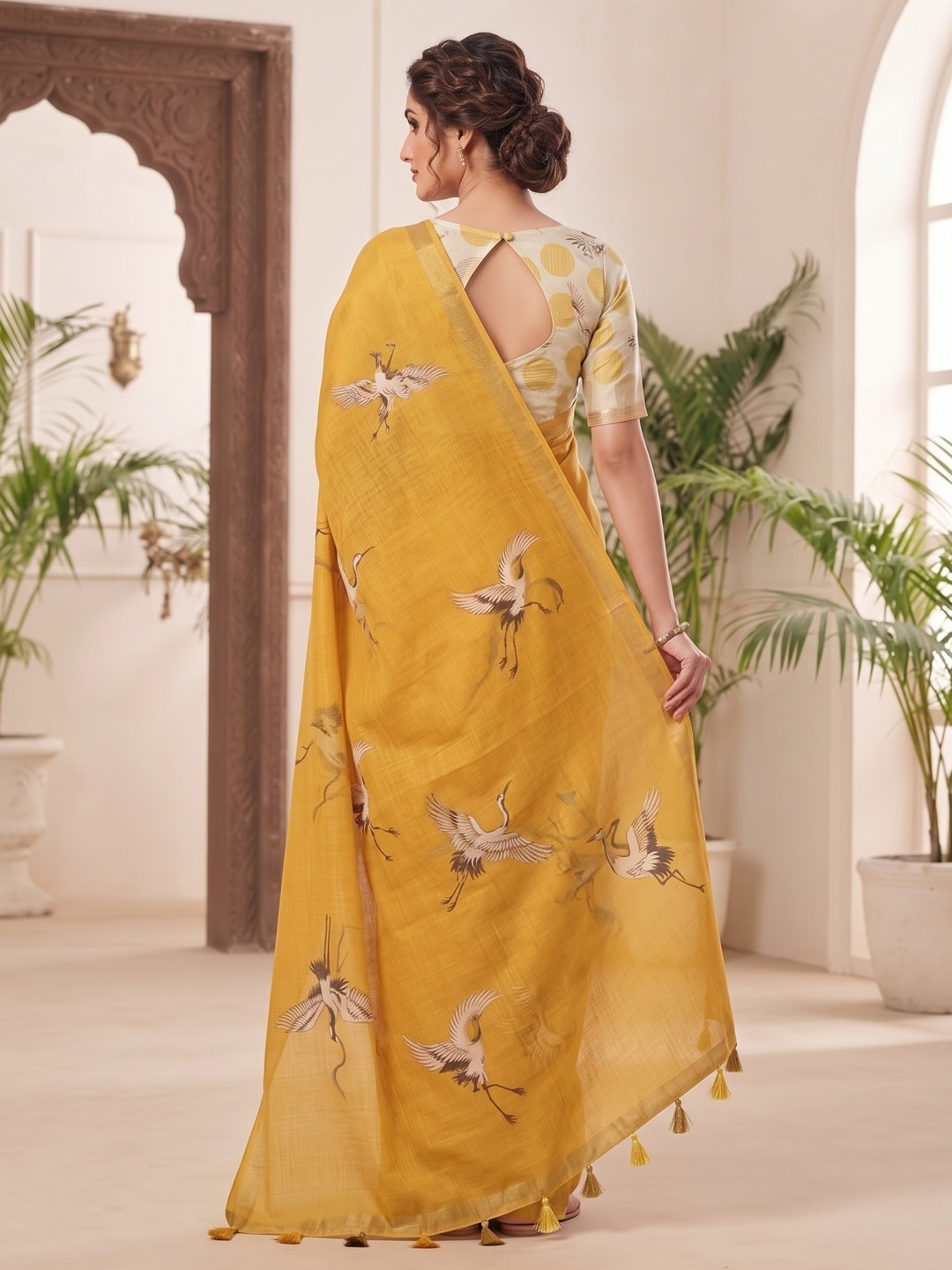 Peachmode Mustard Printed Linen Saree - Image 4