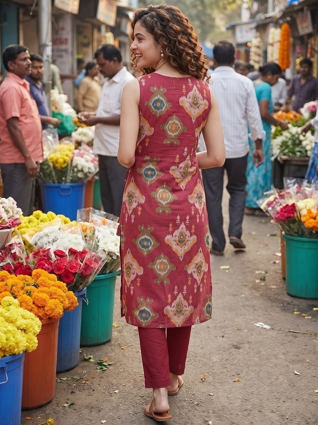 Pink Ikkat Printed Pure Cotton Two-Piece Angrakha Outfit for Women - Image 4