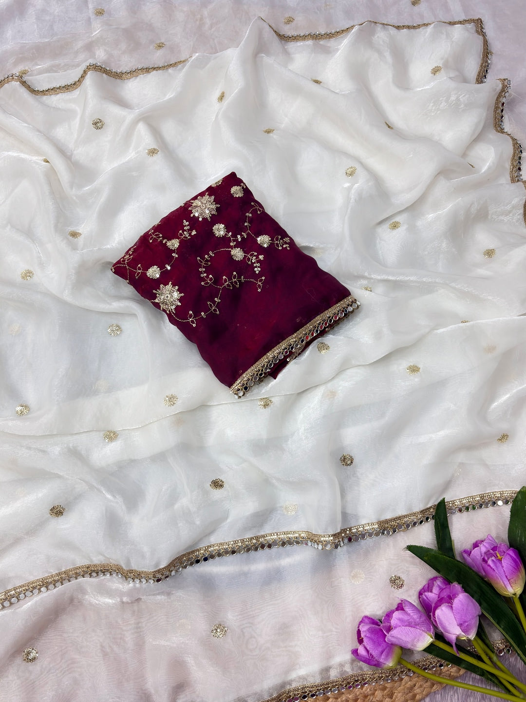 Peachmode White Sequin Work Silk Blend Saree With Mirror Lace Border - Image 3