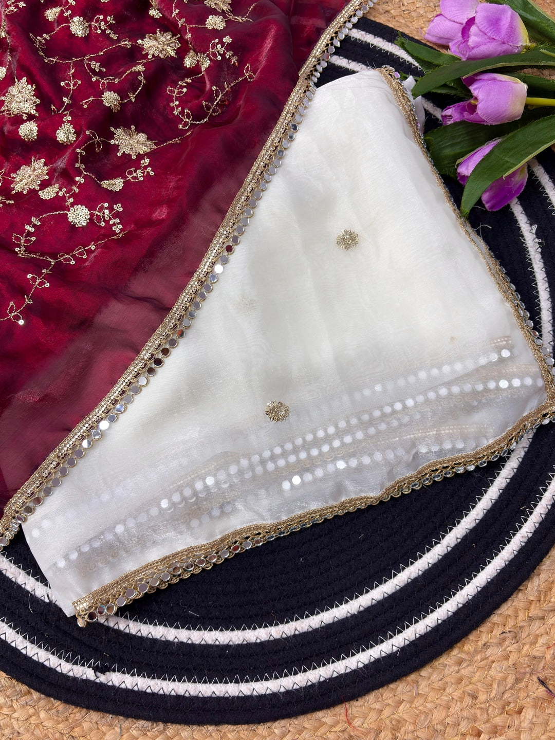 Peachmode White Sequin Work Silk Blend Saree With Mirror Lace Border - Image 4
