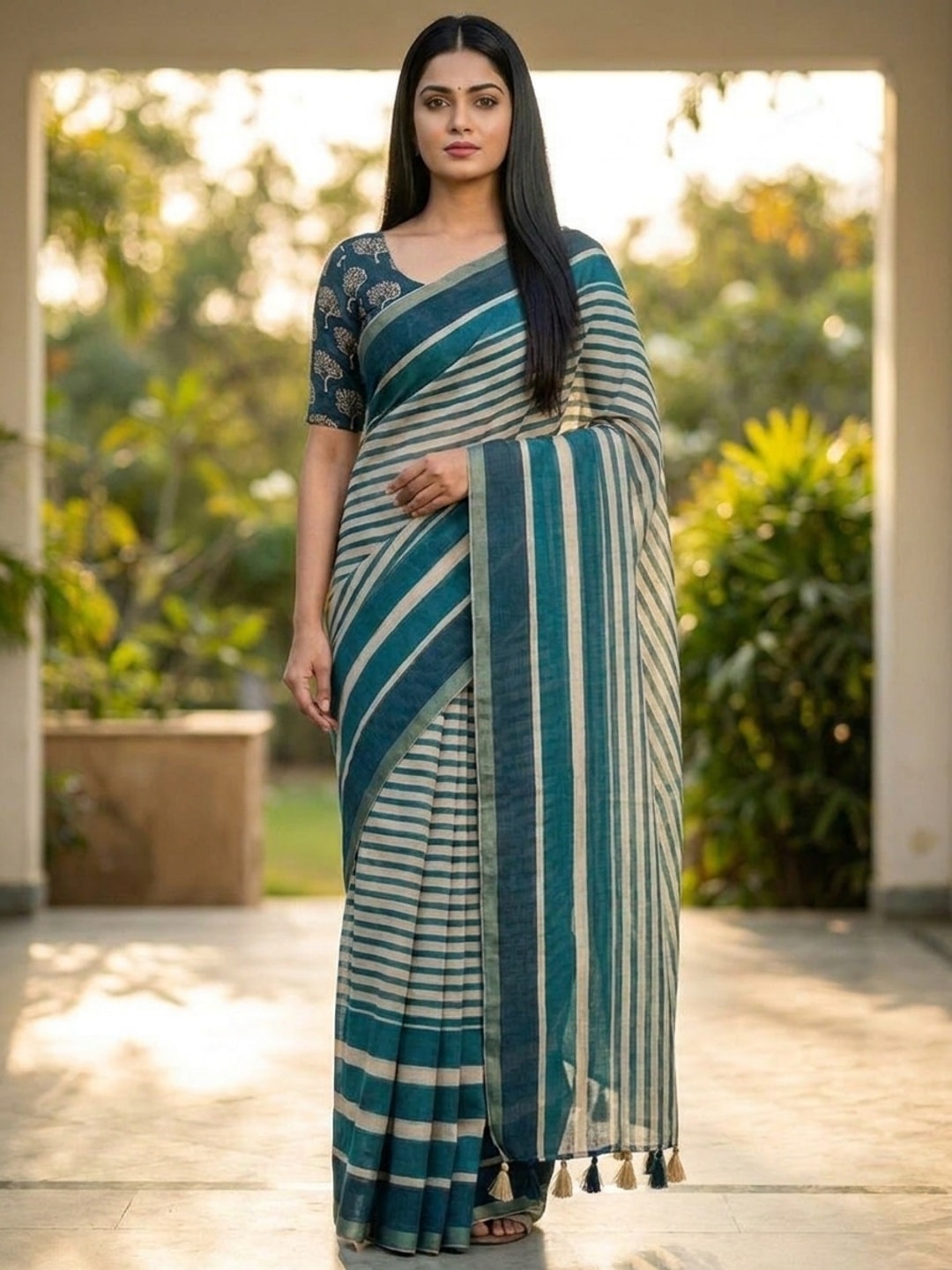 Peachmode Teal Striped Linen Saree With Zari Border - Image 2