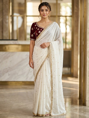 Peachmode White Sequin Work Silk Blend Saree With Mirror Lace Border - Image 1
