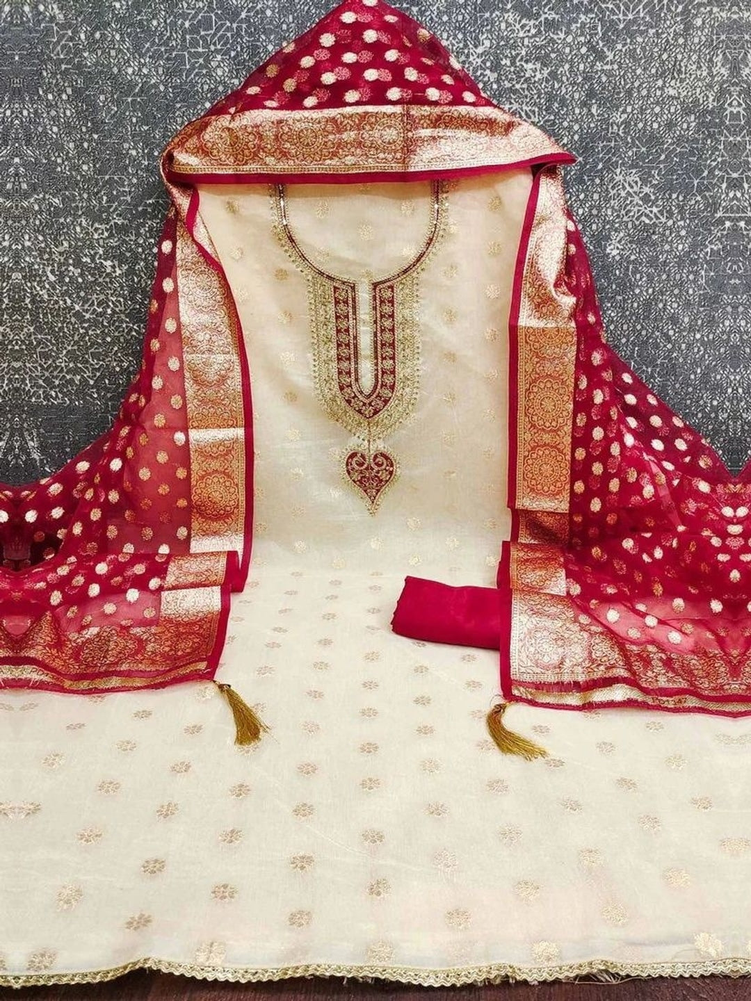 Peachmode Red Butti Weaving Shimmer Unstitched Dress Material With Cording Embroidery On Neck - Image 5