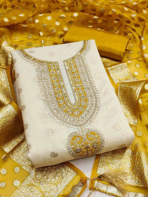 Peachmode Mustard Butti Weaving Shimmer Unstitched Dress Material With Cording Embroidery On Neck - Image 1