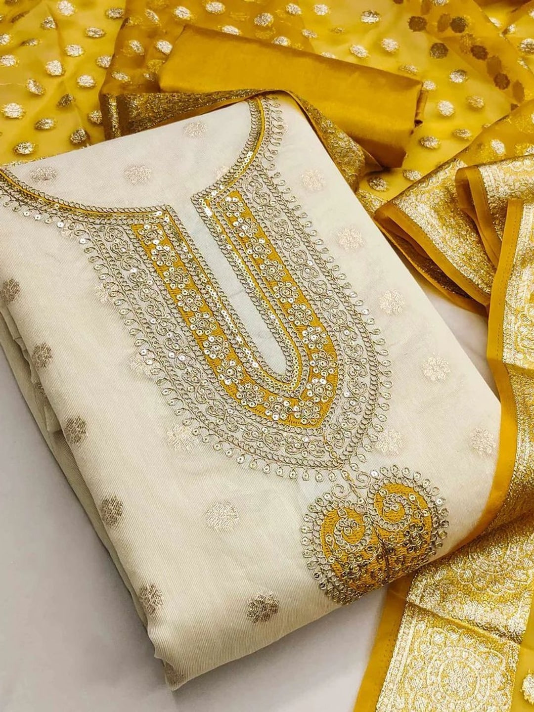 Peachmode Mustard Butti Weaving Shimmer Unstitched Dress Material With Cording Embroidery On Neck - Image 4