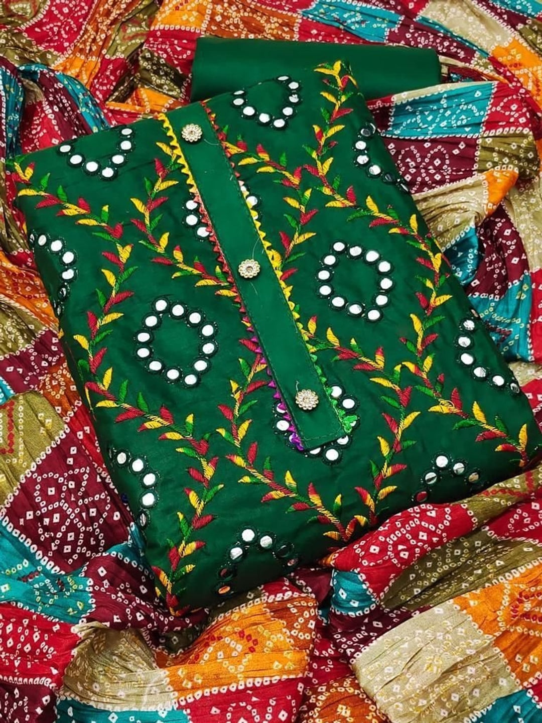 Peachmode Green Cotton Unstitched Dress Material With Mirror Work And Bandhani Print Dupatta - Image 1