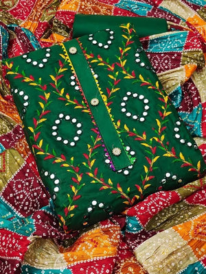 Peachmode Green Cotton Unstitched Dress Material With Mirror Work And Bandhani Print Dupatta - Image 1