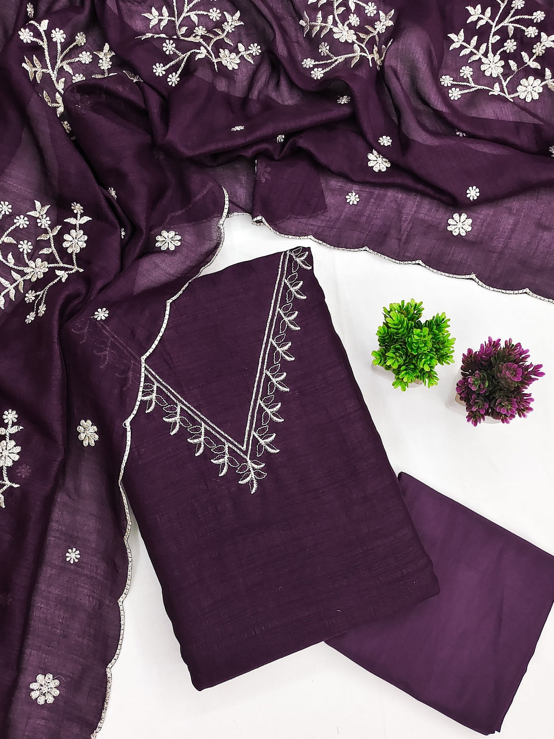Peachmode Purple Vichitra Silk Unstitched Dress Material With V-Neck Floral Embroidery - Image 1