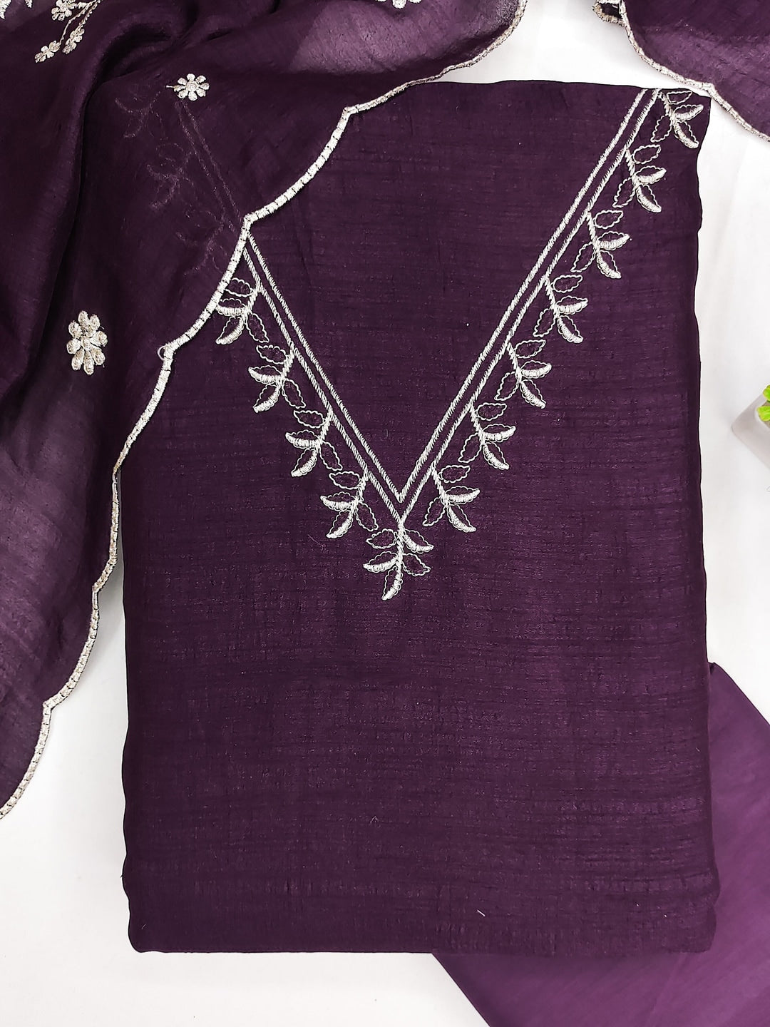 Peachmode Purple Vichitra Silk Unstitched Dress Material With V-Neck Floral Embroidery - Image 3