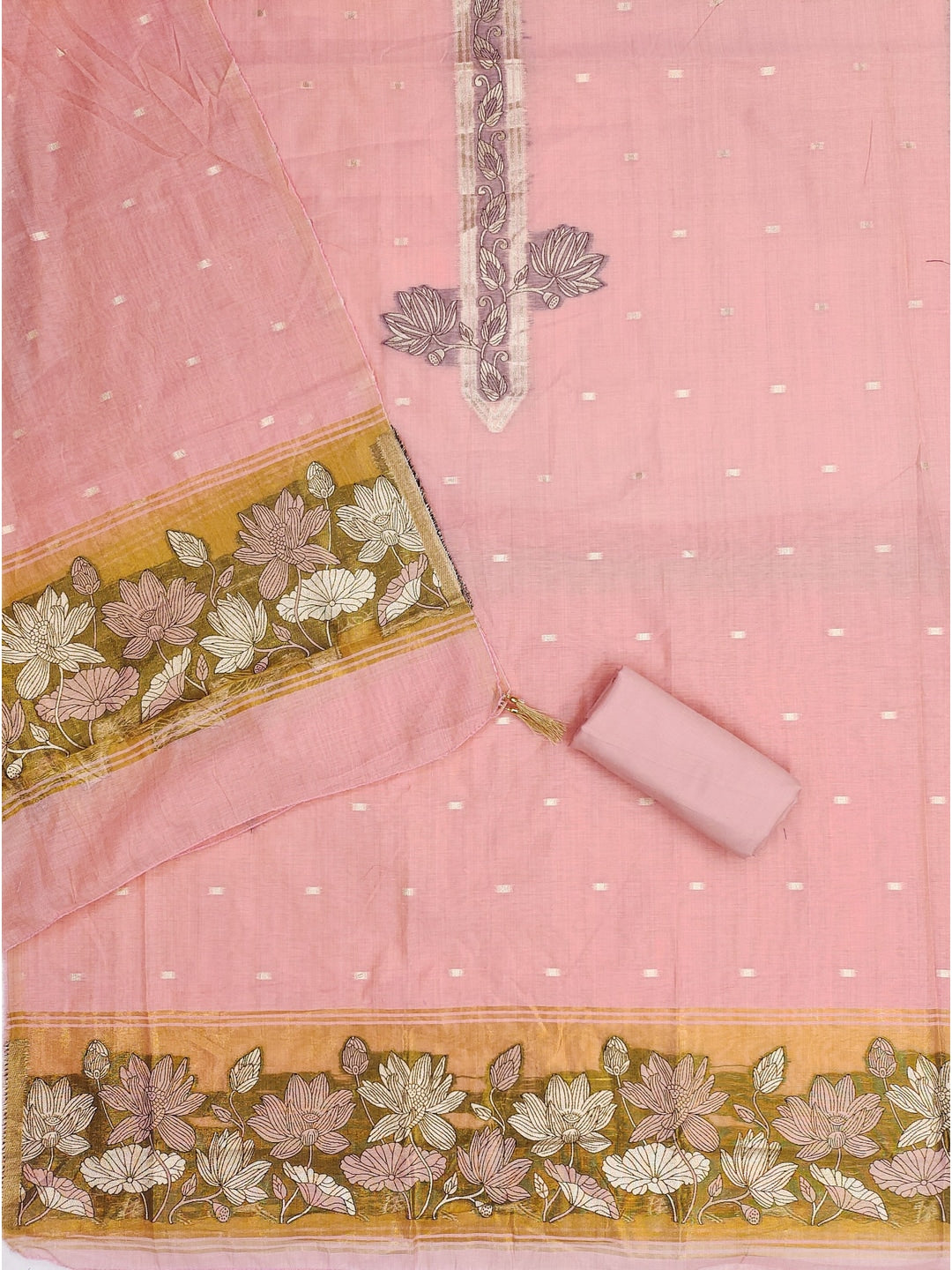 Peachmode Peach Muga Cotton Unstitched Dress Material With Jamdani Pichwai Weaving - Image 5