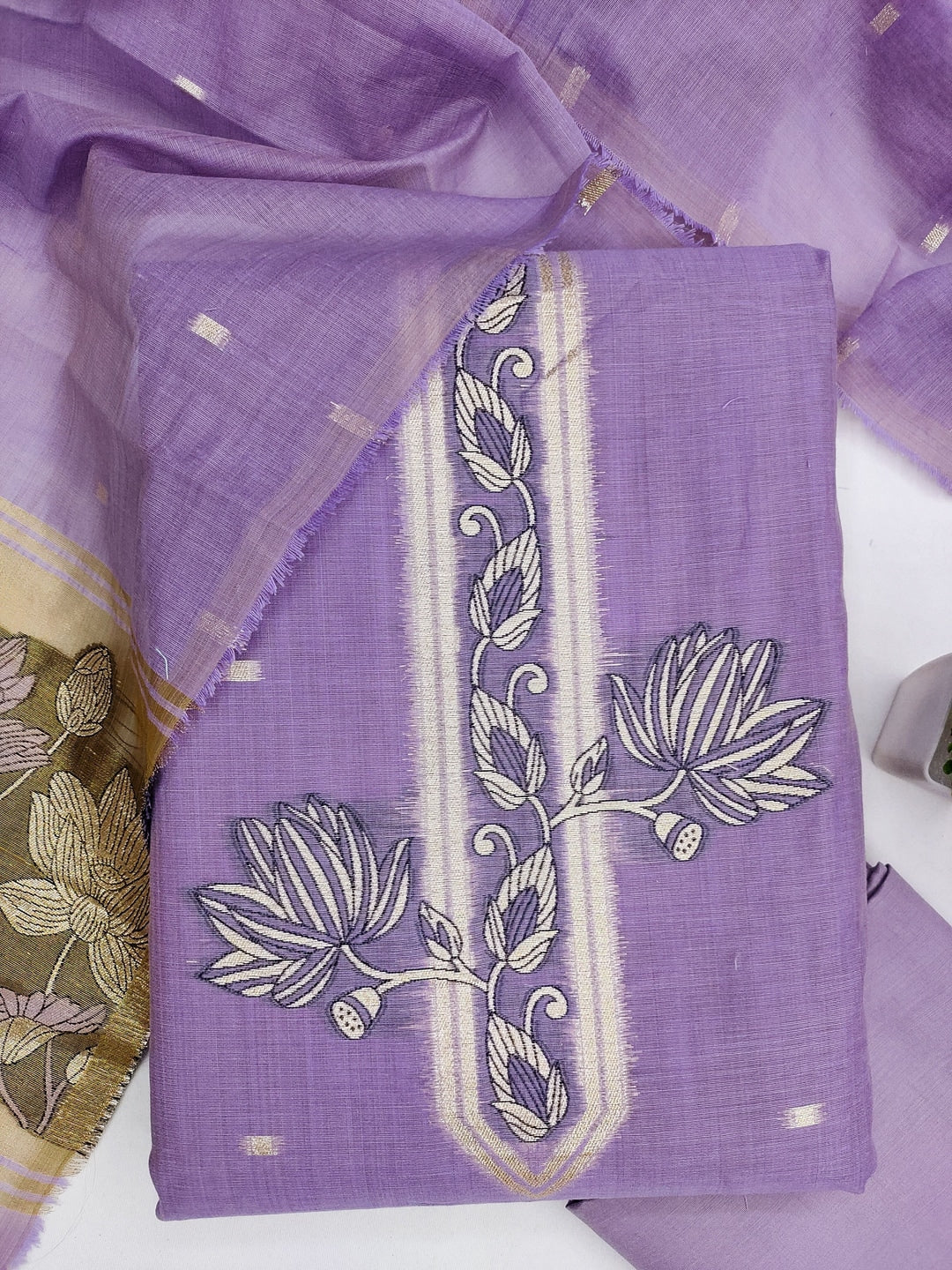 Peachmode Lavender Muga Cotton Unstitched Dress Material With Jamdani Pichwai Weaving - Image 3