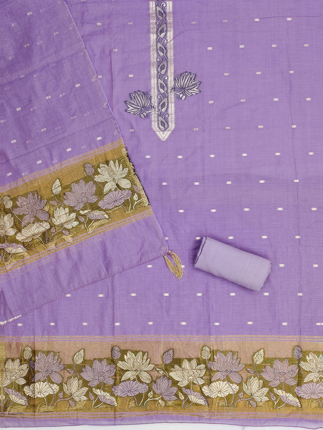 Peachmode Lavender Muga Cotton Unstitched Dress Material With Jamdani Pichwai Weaving - Image 5