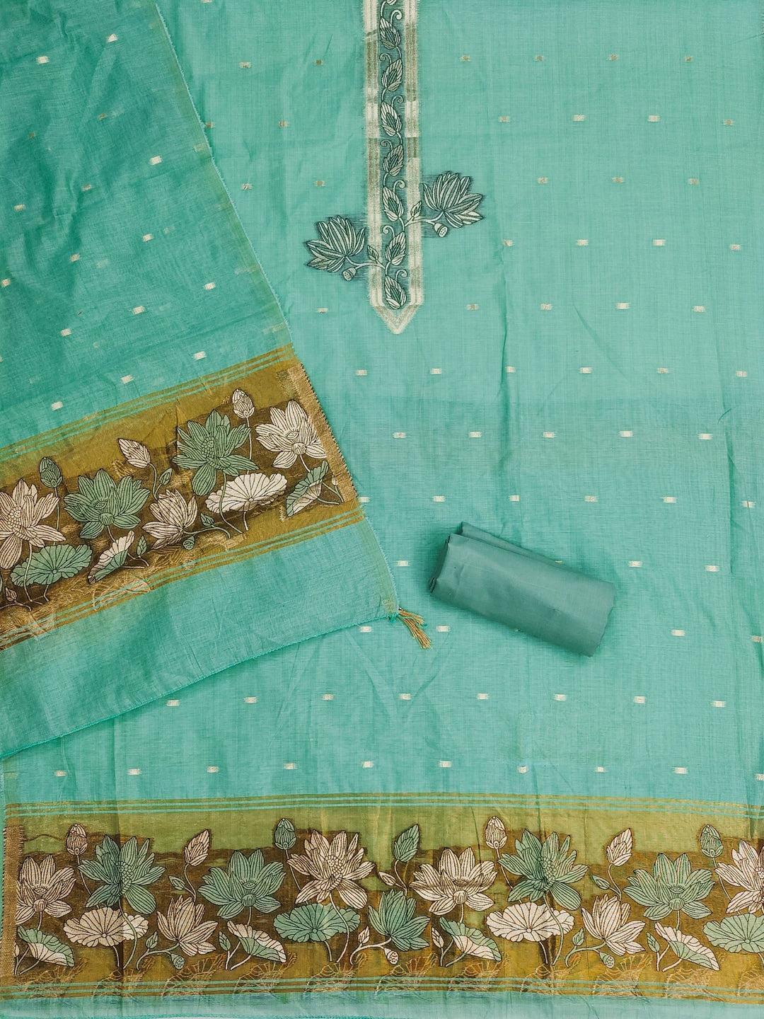 Peachmode Mint Muga Cotton Unstitched Dress Material With Jamdani Pichwai Weaving - Image 5
