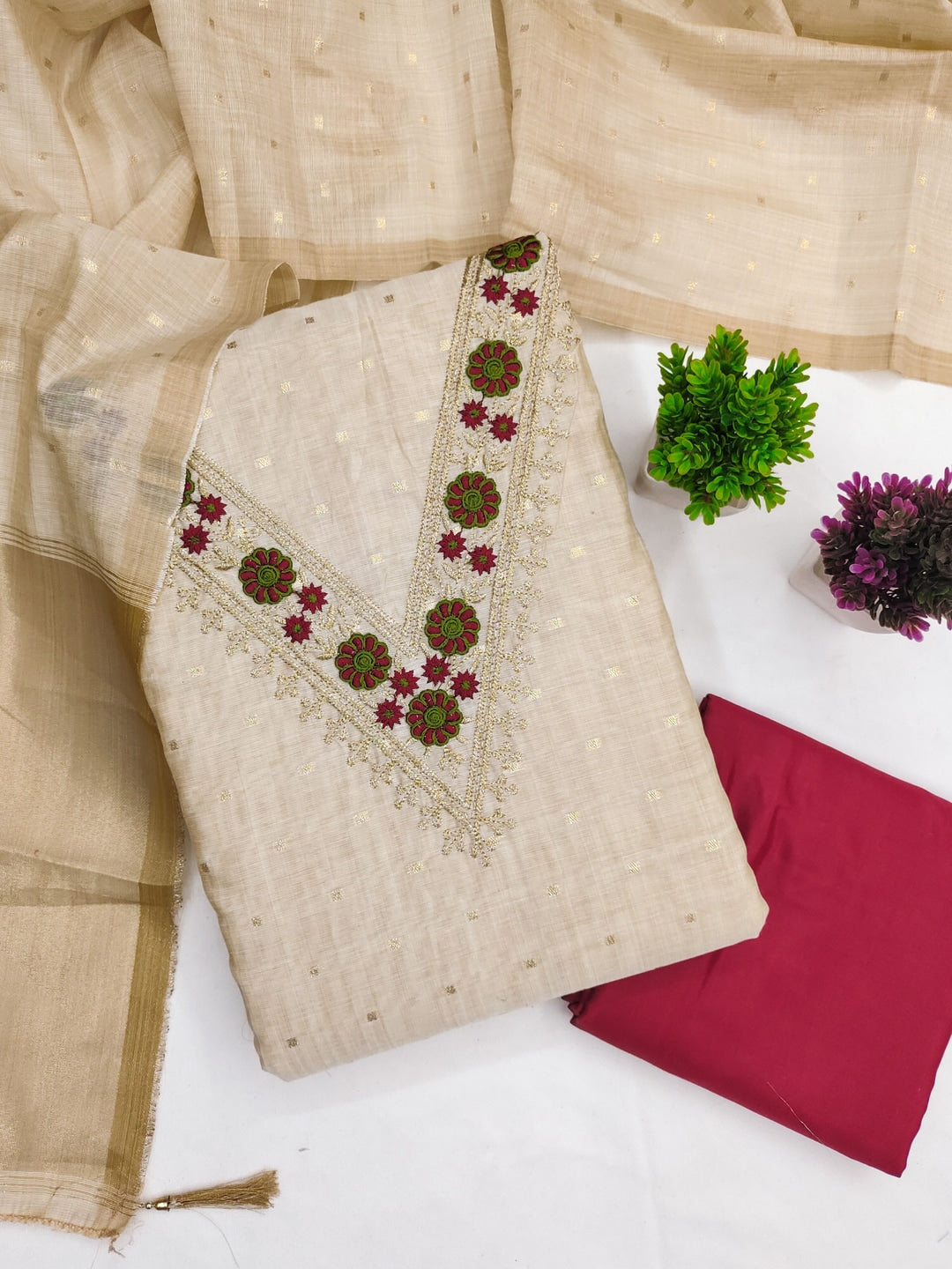 Peachmode Magenta Jamdani Cotton Unstitched Dress Material With V-Neck Floral Embroidery - Image 1