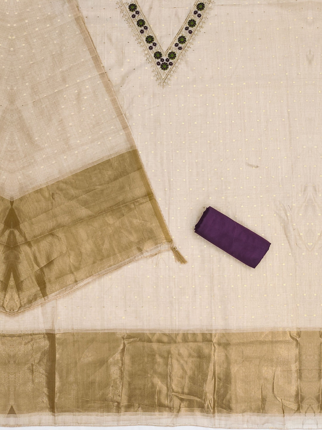 Peachmode Purple Jamdani Cotton Unstitched Dress Material With V-Neck Floral Embroidery - Image 5