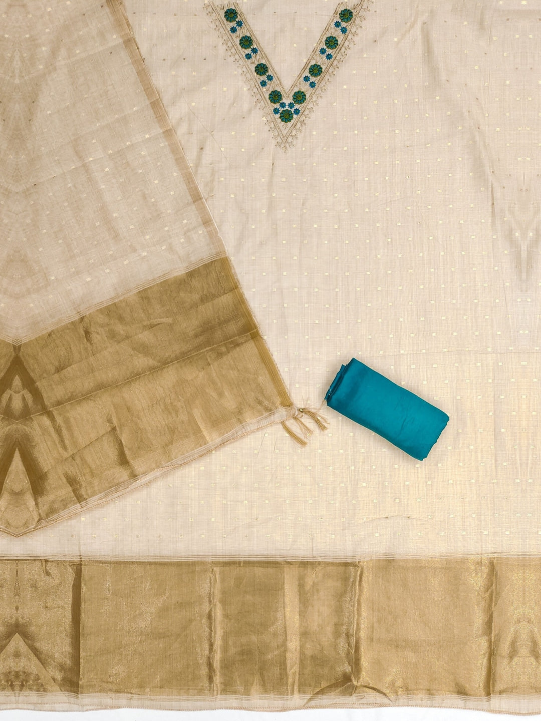 Peachmode Turquoise Jamdani Cotton Unstitched Dress Material With V-Neck Floral Embroidery - Image 5