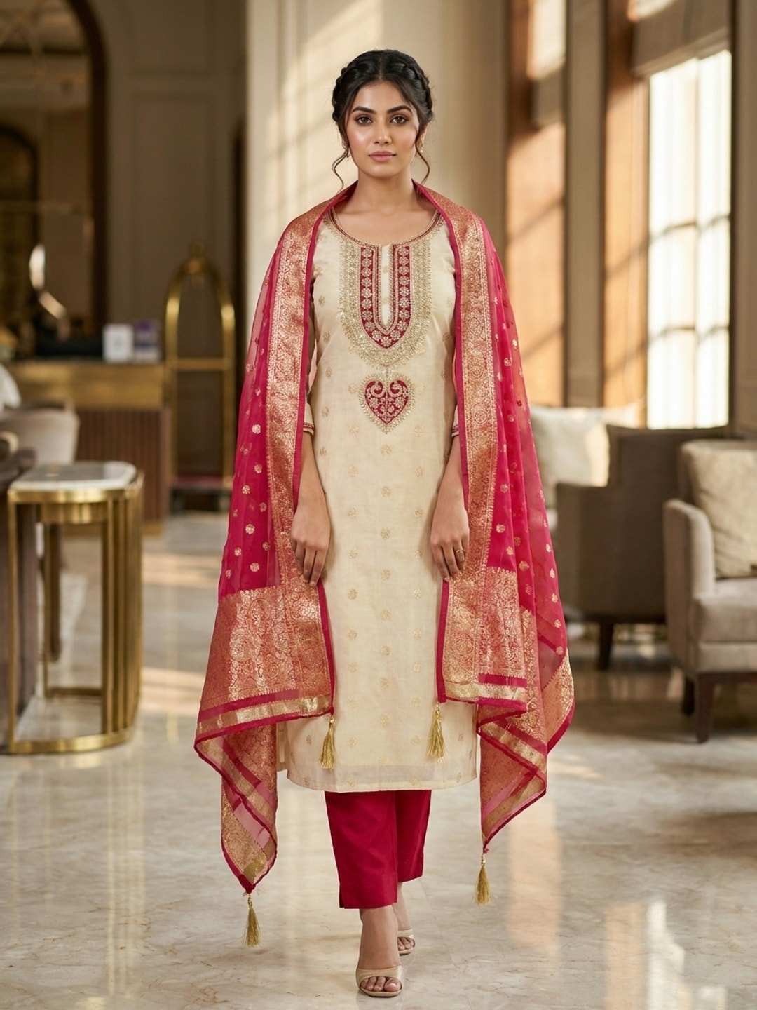 Peachmode Red Butti Weaving Shimmer Unstitched Dress Material With Cording Embroidery On Neck - Image 2